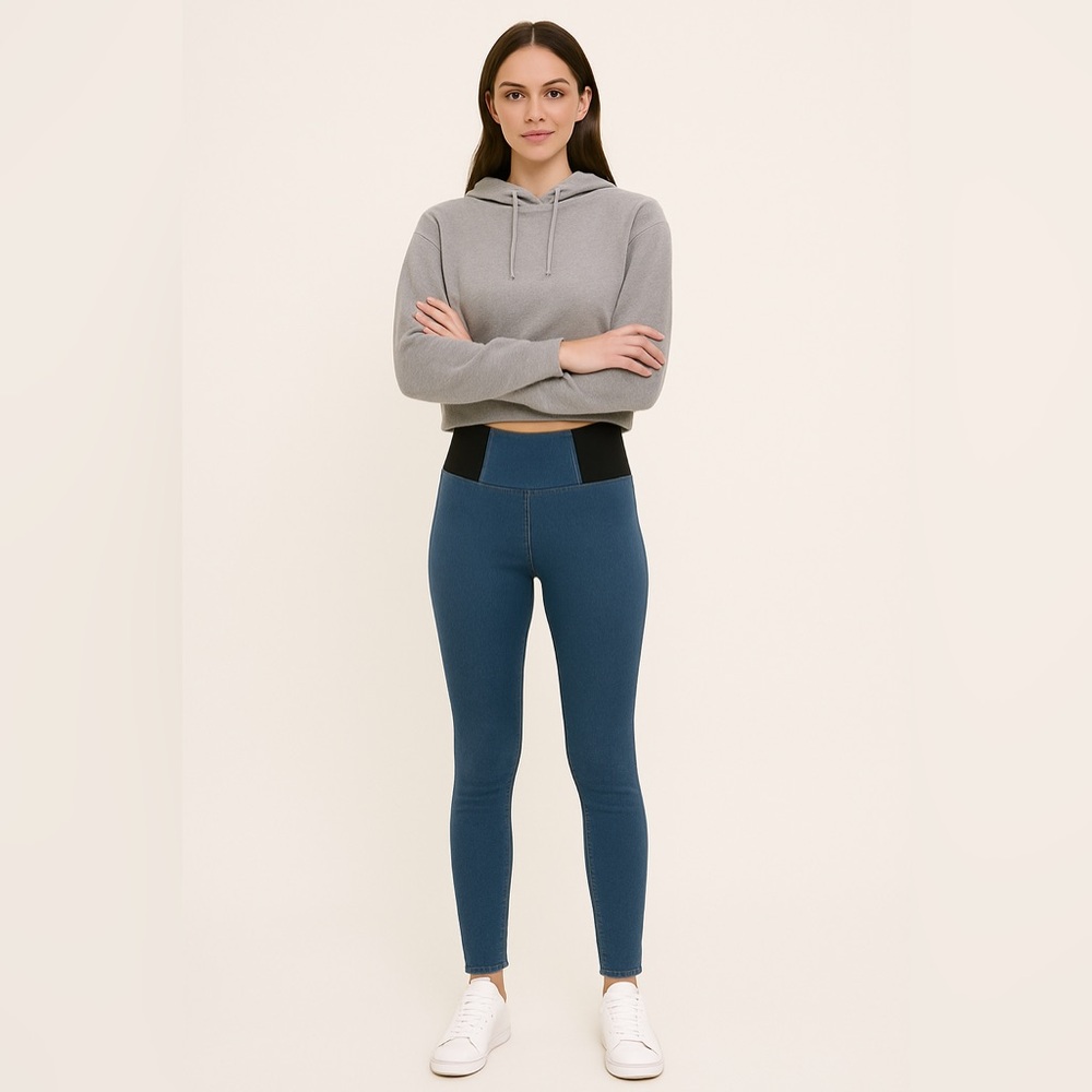 SHEIN XS Blue High Rise Jeggings with Black Waistband Stretch Denim